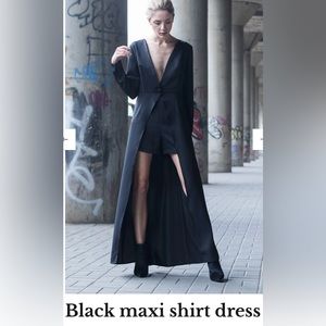 NWOT Bastet Noir Black Maxi Shirt Dress / Hot Pants.  100% Georgette Silk.